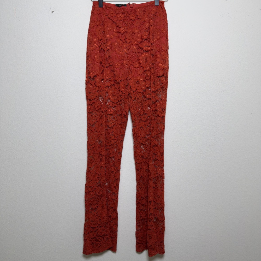 Bebe Women Embroidered Pants 2 Rust Orange Floral Lace High Rise Flare Leg